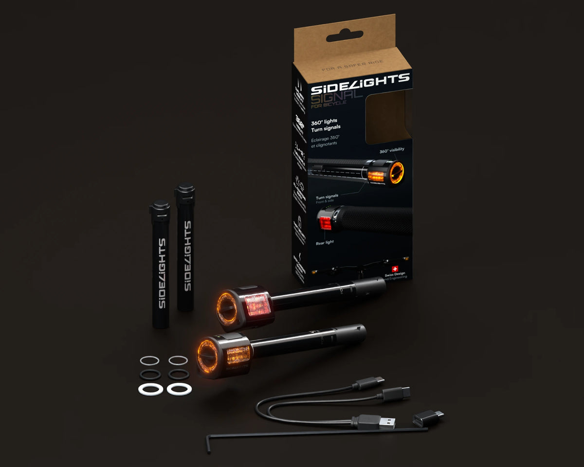 Coffret SideLights Signal : deux éclairages, deux batteries et les accessoires inclus.